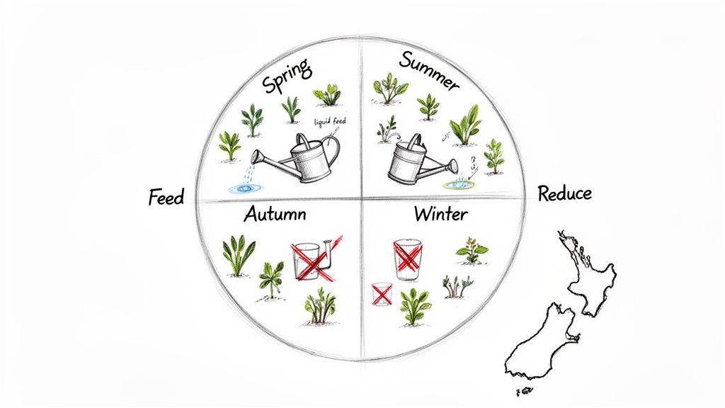Circular diagram illustrating plant feeding recommendations across spring, summer, autumn, and winter, with a New Zealand map.