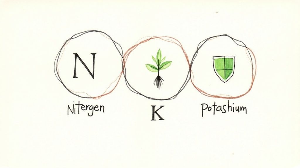 A hand holding fertiliser pellets with vegetable seedlings in the background