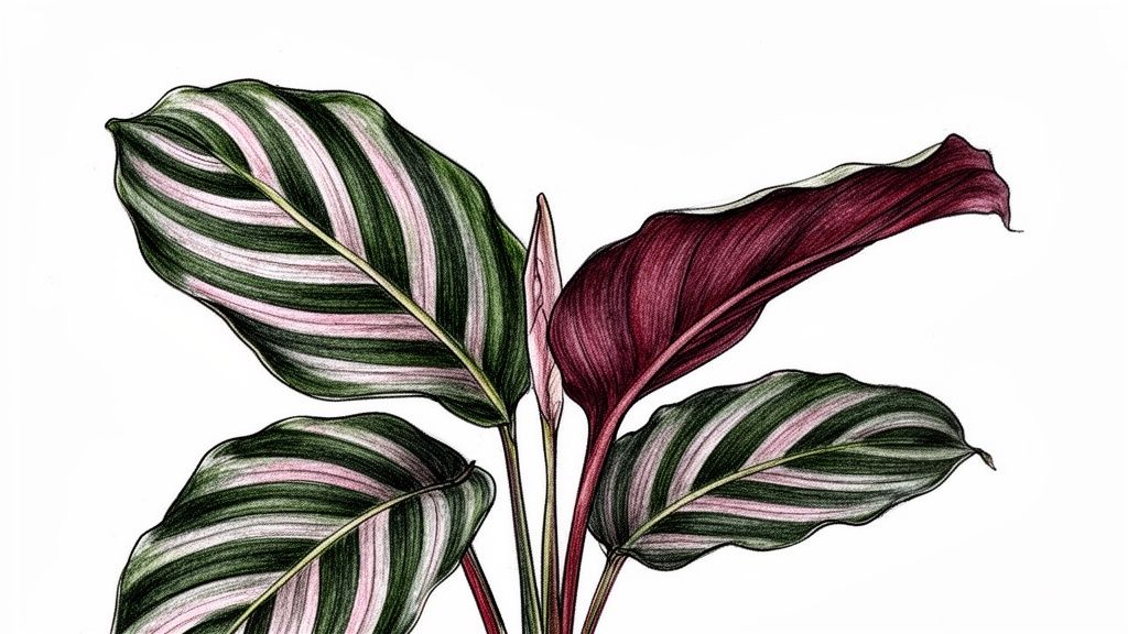 Vibrant botanical illustration of a Calathea Medallion plant with green, pink, and maroon leaves.