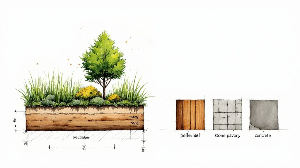 A lush, layered garden in New Zealand with a mix of native and exotic plants and stone pavers.