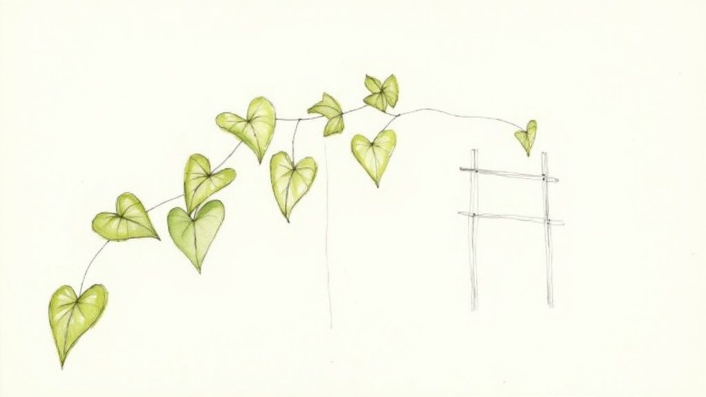 Watercolor illustration of a green betel leaf vine with heart-shaped leaves reaching for a small trellis.