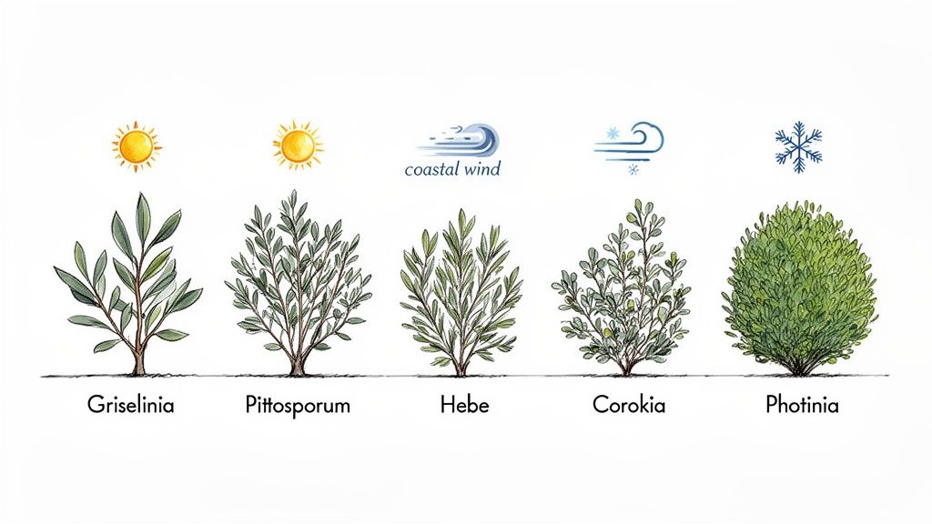 Illustration of five hedging plants: Griselinia, Pittosporum, Hebe, Corokia, and Photinia, with environmental condition icons.