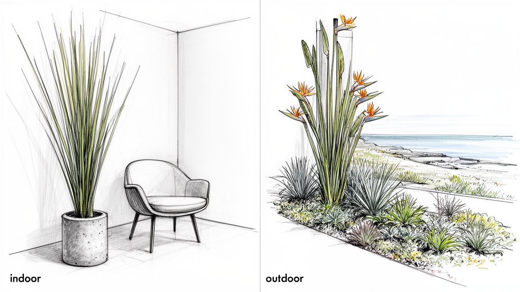 Sketches showing indoor architectural plant styling and outdoor Strelitzia juncea landscaping near a beach.