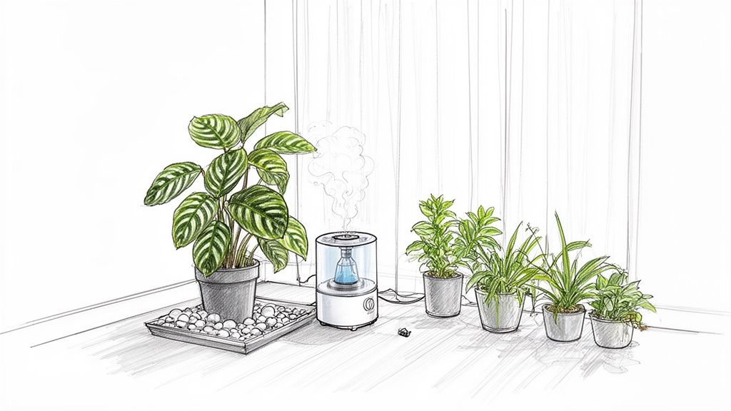 Sketch showing a large Calathea Orbifolia on a pebble tray next to a mist-emitting humidifier and other plants.