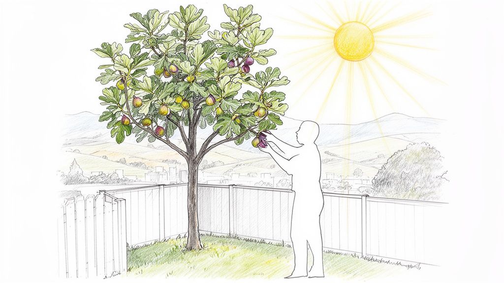 A person picking ripe figs from a lush fig tree in a sunny backyard garden with mountains.