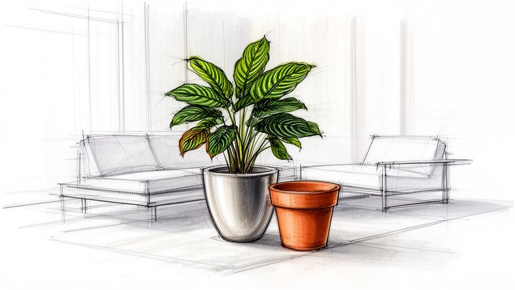 A hand-drawn sketch of a Calathea plant in a silver pot next to a terracotta pot, with sketched furniture.