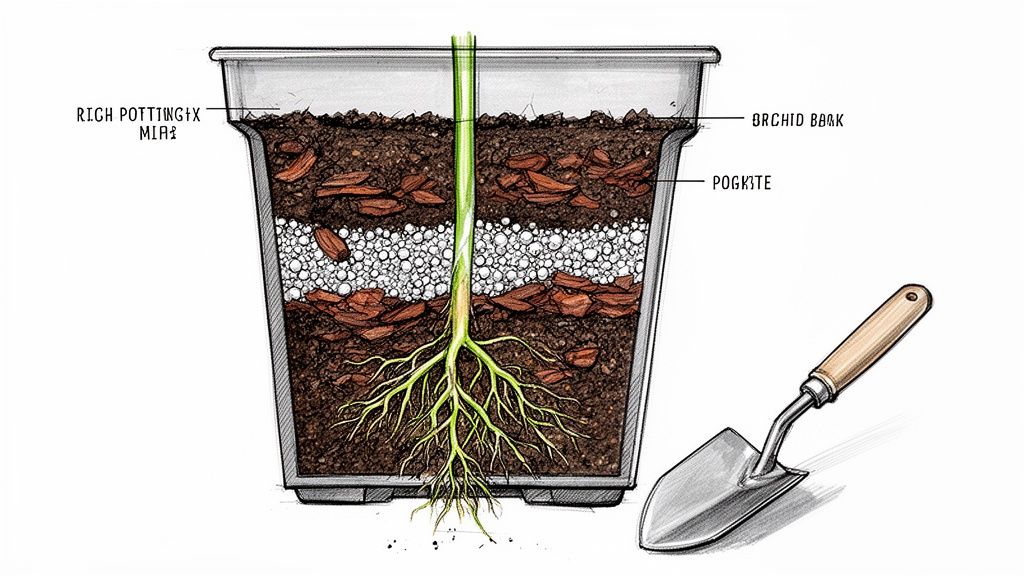 A detailed cross-section of a potted plant showing various soil layers, including rich potting mix, orchid bark, and pogkite, alongside a garden trowel.