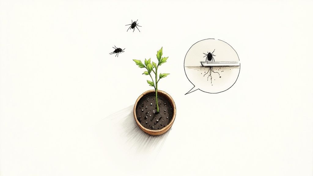 A small potted plant with flying fungus gnats, indicating root infestation in a thought bubble.