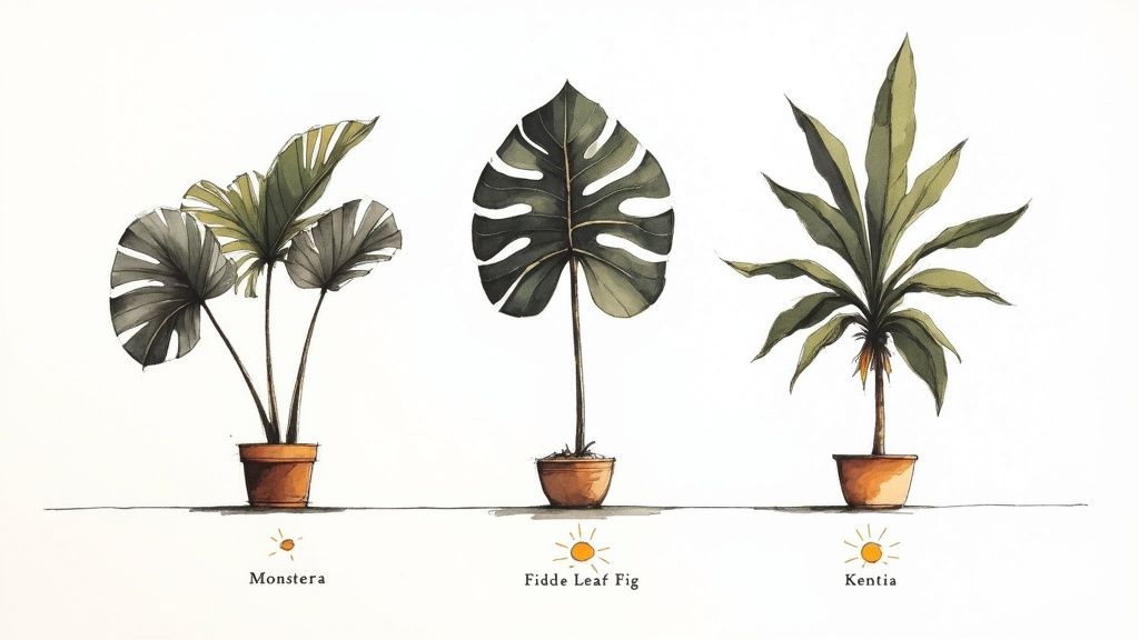 A person carefully assessing a large indoor plant in a brightly lit room.