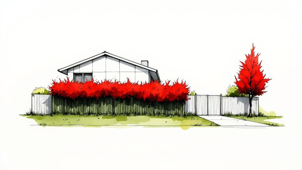 Modern house with vibrant red photinia hedge along white fence and red tree