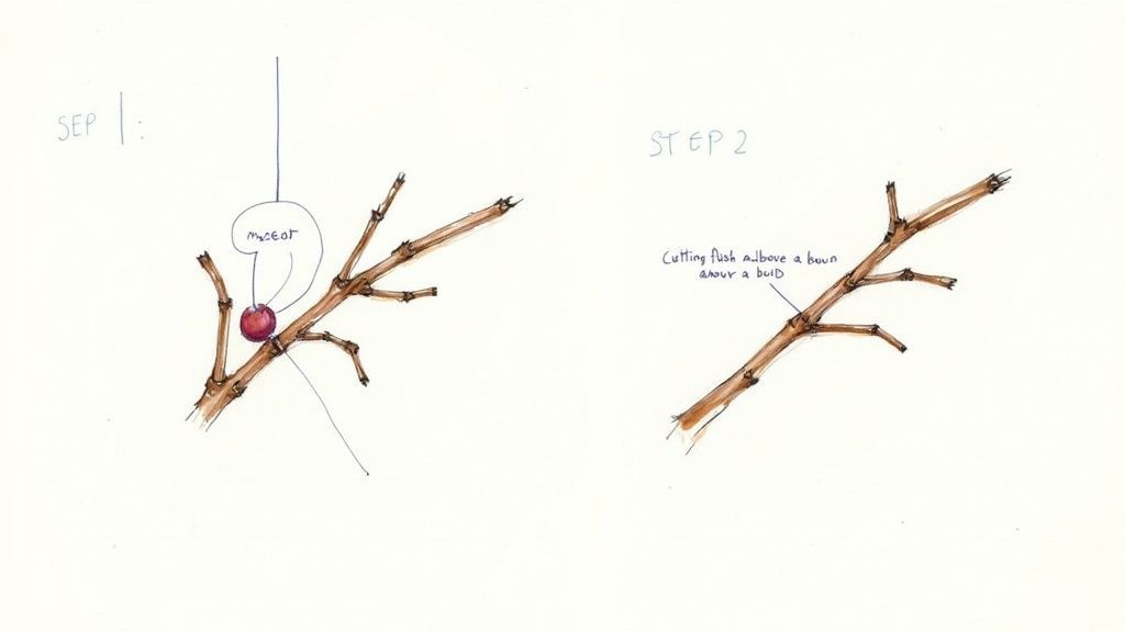 Close-up of healthy feijoa fruit growing on a branch after successful pruning.