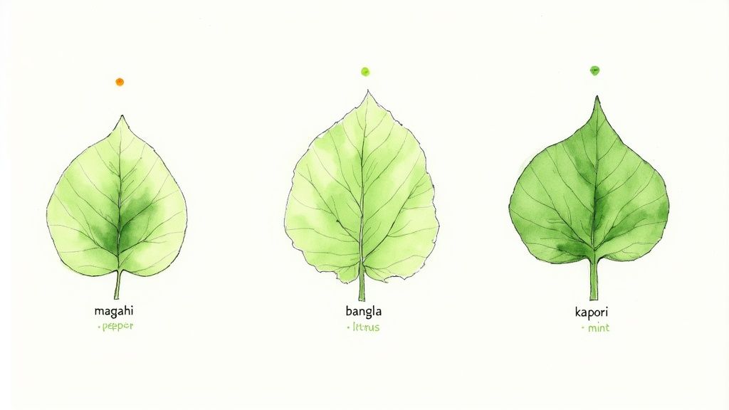 Three distinct green betel leaves, labeled Magahi, Bangla, and Kapori, with their associated flavor profiles.