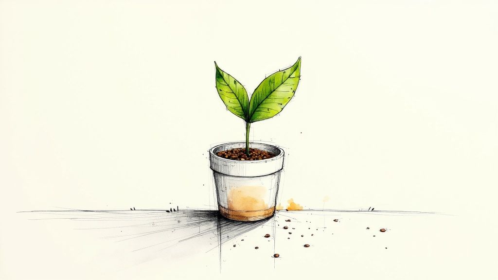 A vibrant green seedling with two leaves sprouting from a small pot, drawn with watercolor and sketch.