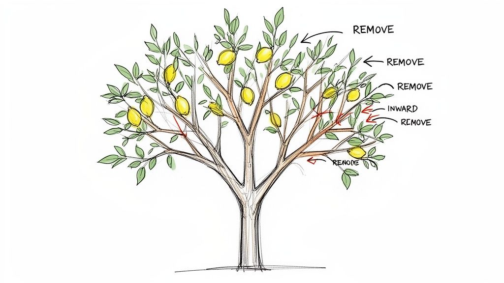 Diagram illustrating how to prune a lemon tree, showing branches to remove for healthy growth.