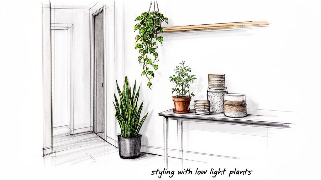 Sketch of an interior scene showing styled low-light houseplants, including a snake plant and a hanging pothos.