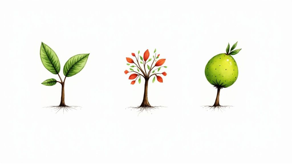 Three green feijoa fruits, one sliced open to show the pale, seeded interior, resting on a rustic wooden surface.