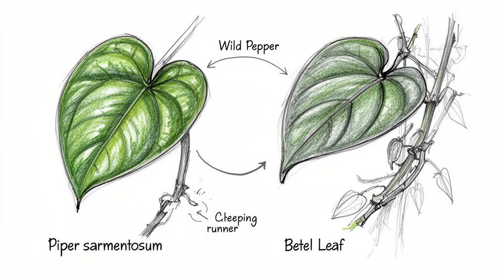 An illustration comparing Piper sarmentosum (Wild Pepper) with a Betel Leaf, highlighting plant differences.