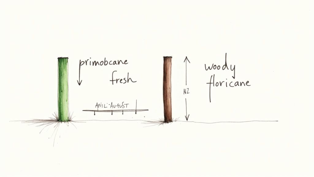 Close-up of a hand in a gardening glove pruning a raspberry cane with secateurs