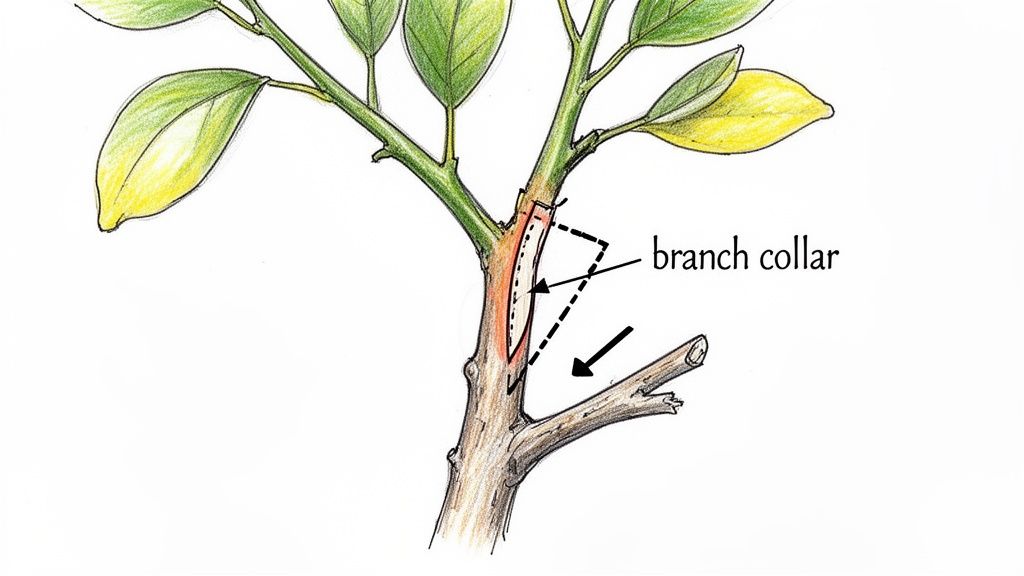 Diagram illustrating proper tree pruning technique, highlighting the branch collar and correct cut line.