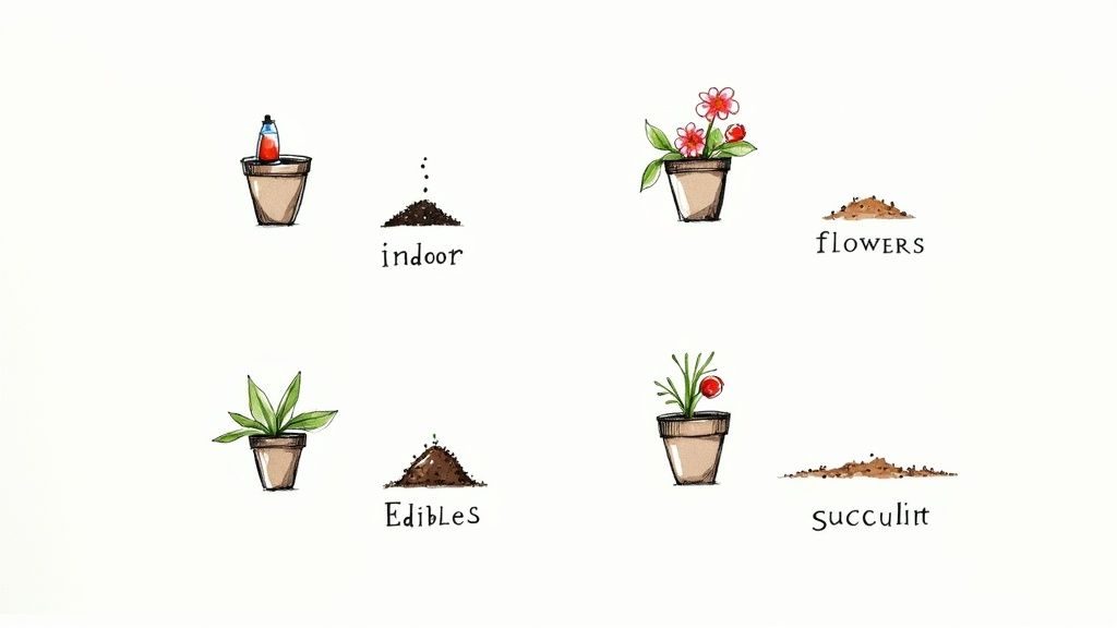 A watercolor illustration showing different potted plants and soil piles, categorized as indoor, flowers, edibles, and succulent.