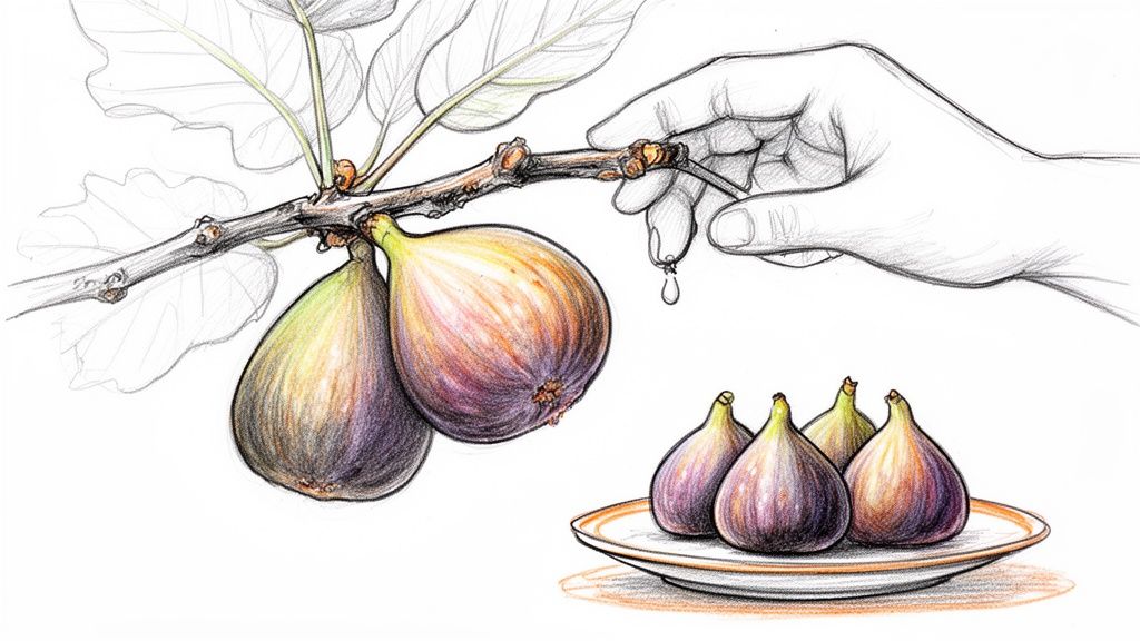 A colorful pencil drawing of a hand picking a fig from a branch, with more figs on a plate.