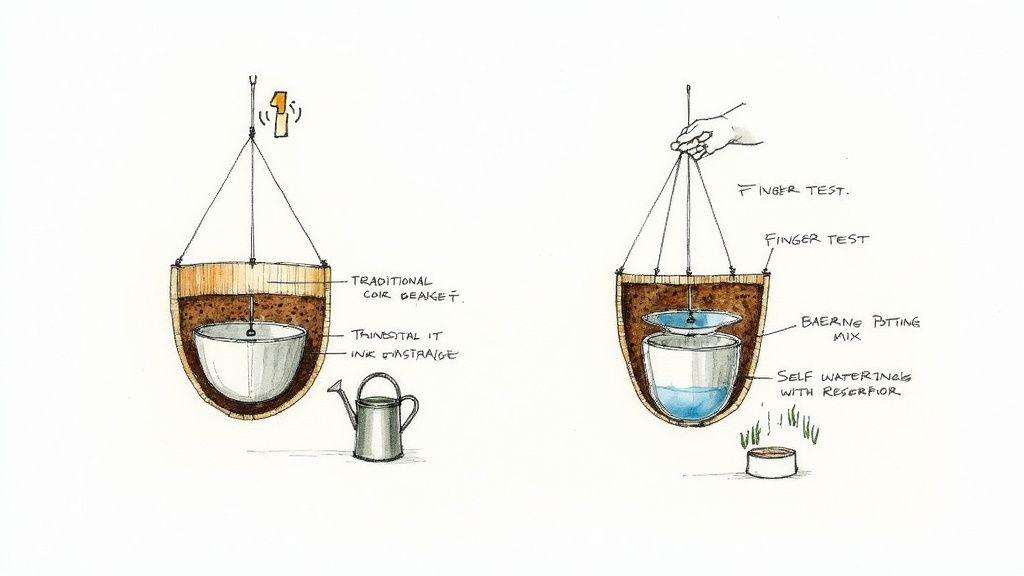 Detailed diagrams illustrate the setup of traditional versus self-watering hanging baskets, showing components and water levels.