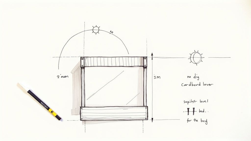 A person levelling the ground to prepare for setting up a raised wooden garden bed.