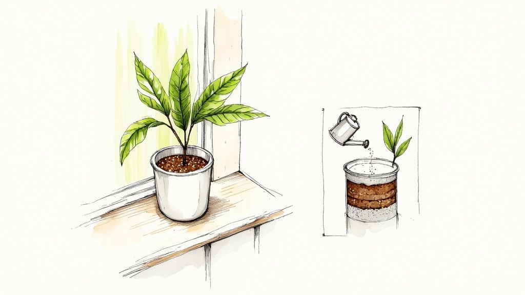 A healthy pandan plant growing in a pot, set against a leafy green background.