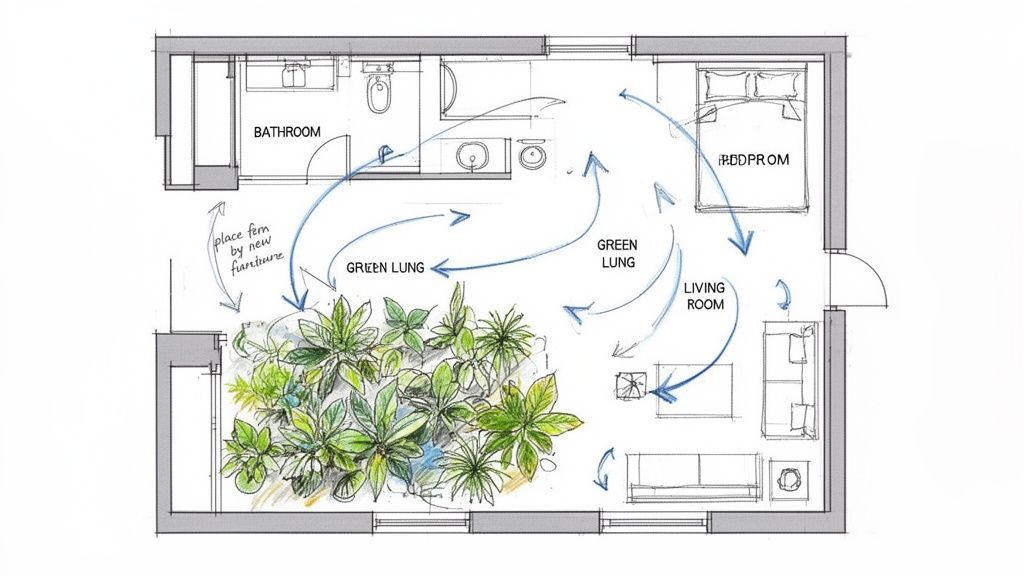 Floor plan illustrating an apartment layout with a large green lung plant area and air circulation arrows.