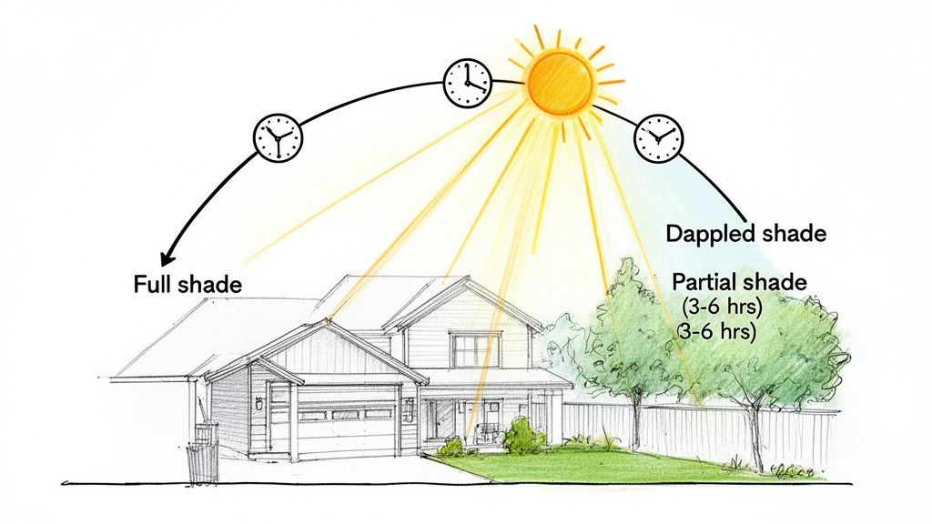 An illustration depicting a house and garden with the sun's path showing areas of full, dappled, and partial shade.