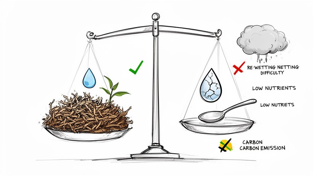 A balance scale shows sustainable growing medium (left) preferred over peat moss (right) with its issues.