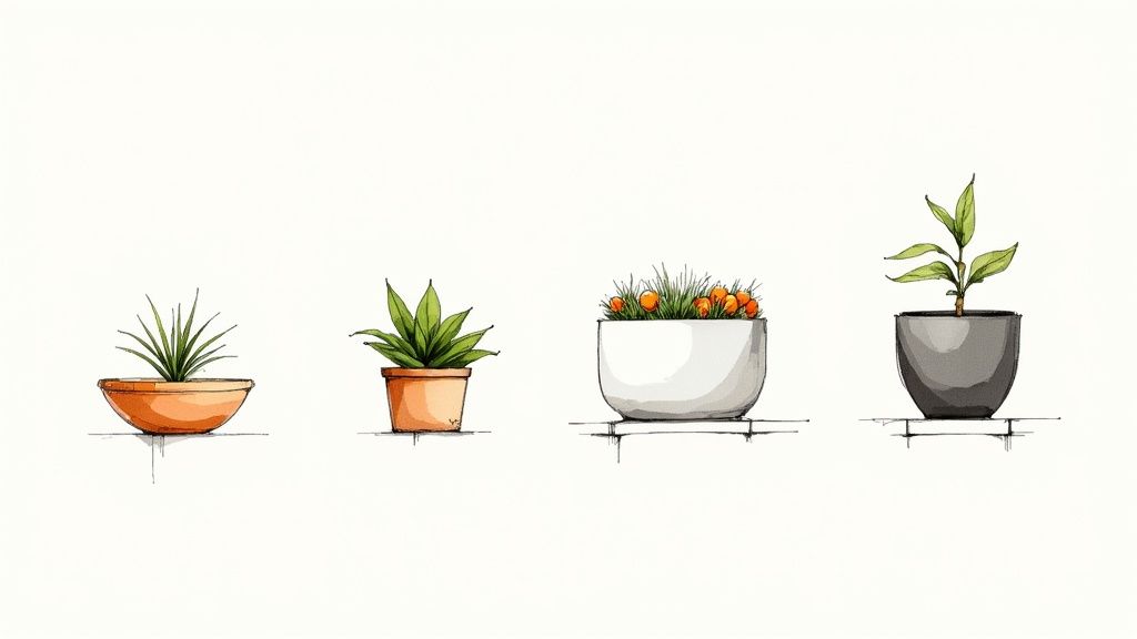 A styled garden scene with minimalist pots on a modern Wellington apartment balcony.