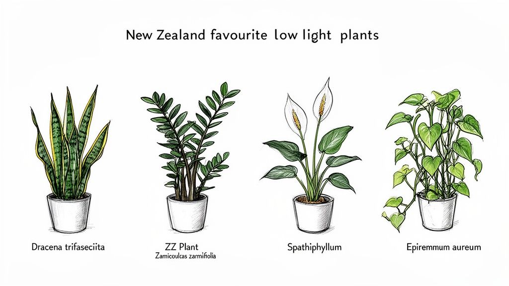 A graphic illustrating four common low light house plants: Dracena trifasciita, ZZ Plant, Spathiphyllum, and Epipremmum aureum.