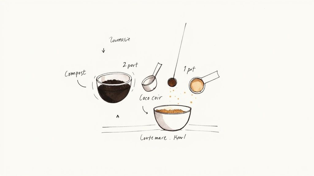 Illustrated diagram showing potting mix recipe with compost, coco coir, and perlite in bowl