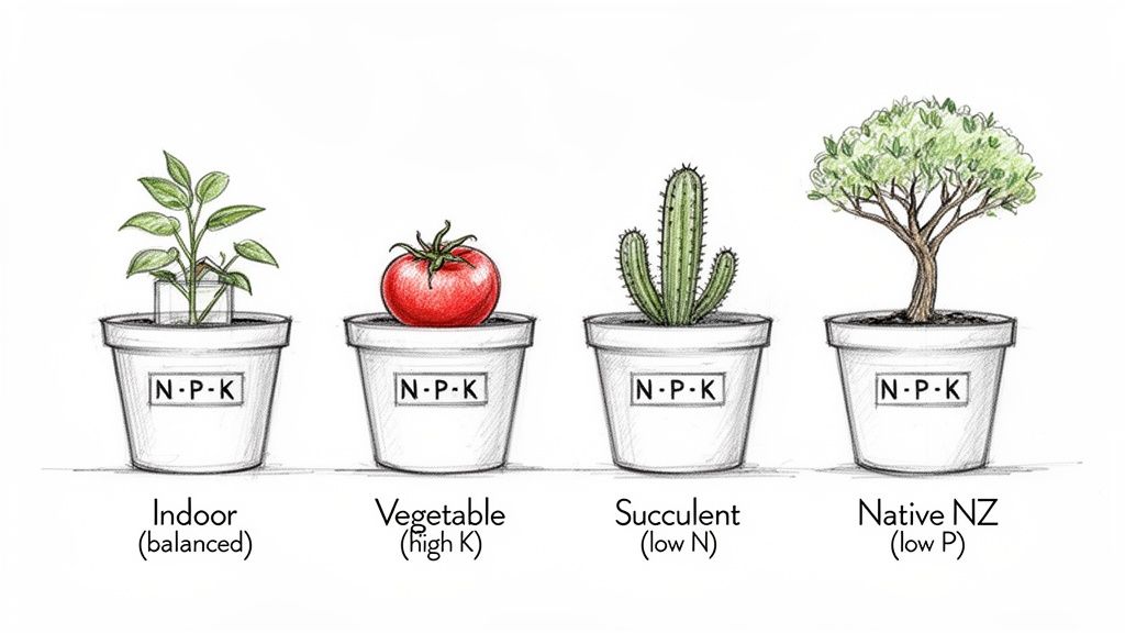 Illustration showing four potted plants (indoor, vegetable, succulent, native NZ) with specific NPK fertilizer recommendations.
