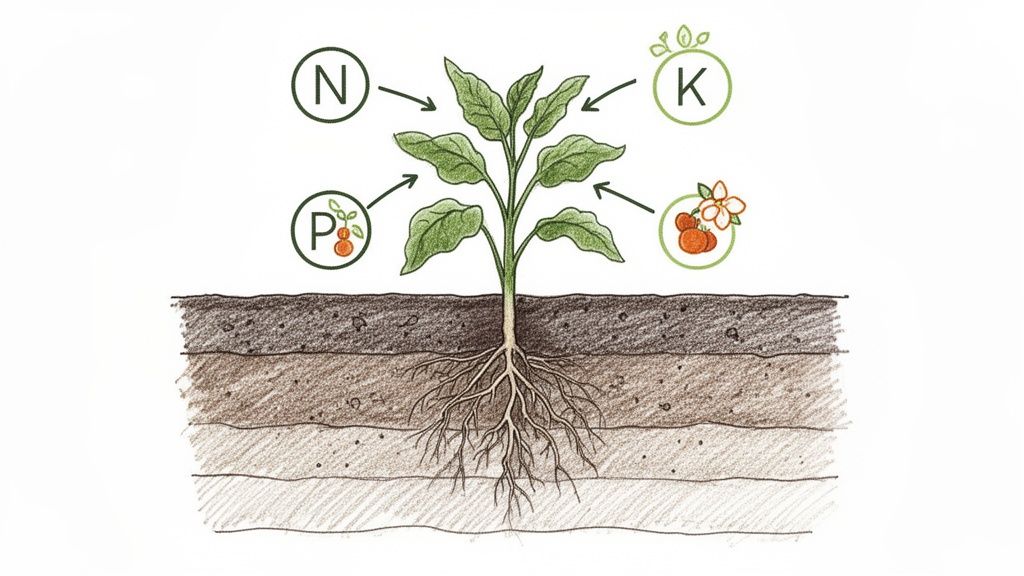 A diagram of a plant with roots in soil layers, showing absorption of NPK nutrients.