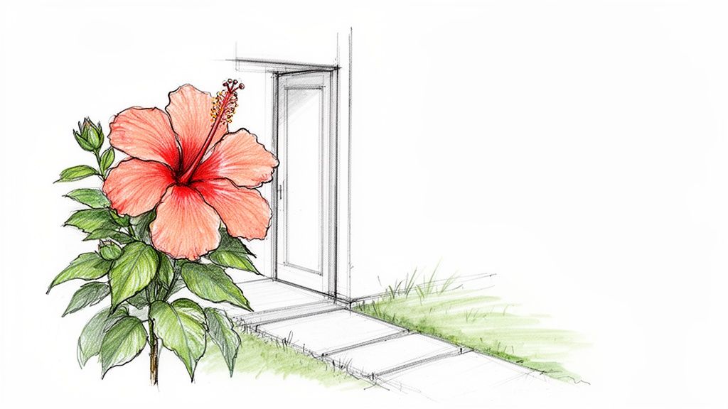 A vibrant hand-drawn hibiscus flower with green leaves next to a doorway and stepping stone path.
