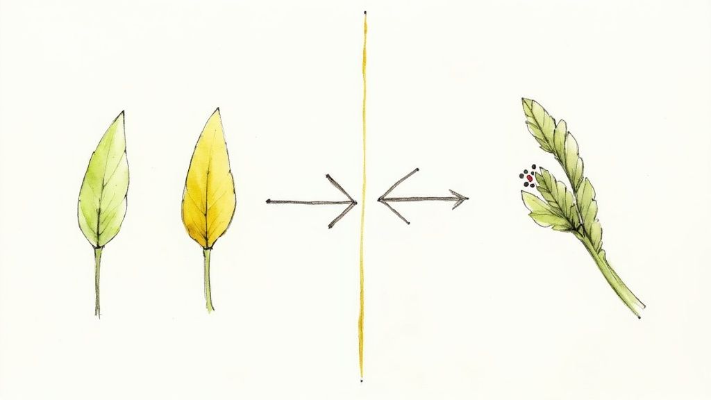 A diagram illustrates two simple leaves, transformation arrows, and a complex plant with buds.