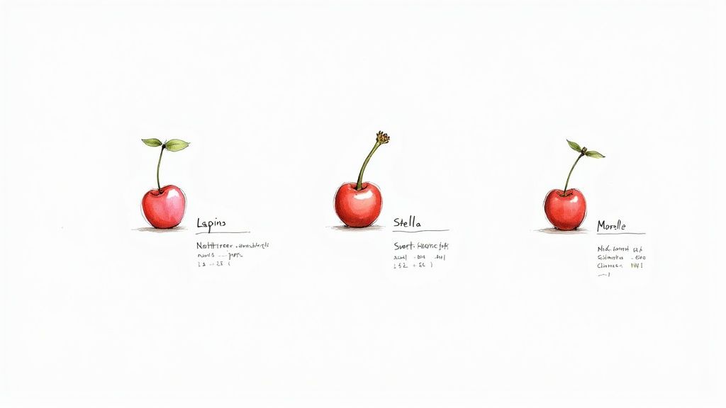 Watercolor illustrations of three cherry varieties: Lapins, Stella, and Morelle, with descriptive notes.