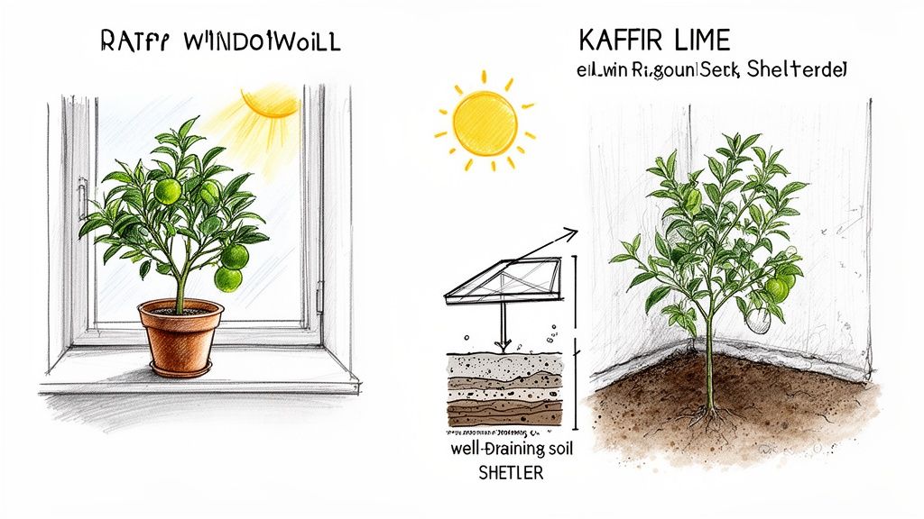 Two diagrams illustrate kaffir lime care: one in a pot by a sunny window, another in well-draining soil outdoors.