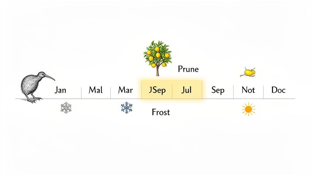 A horticultural timeline with a kiwi bird, snowflakes, a lemon tree, and sun, detailing when to prune lemon trees and frost periods.