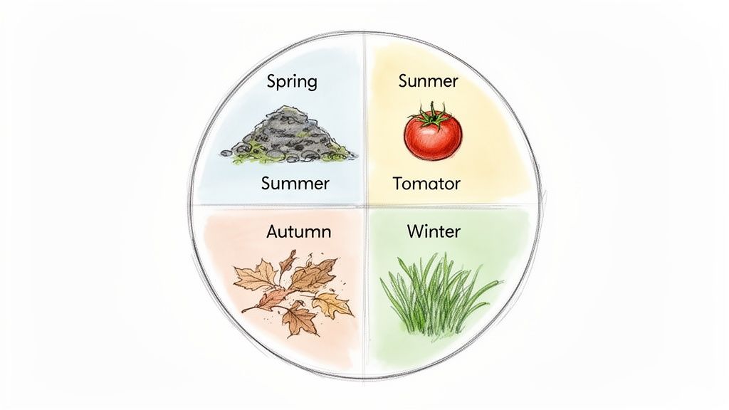 A circular diagram depicting four seasons: Spring with compost, Summer with a tomato, Autumn with leaves, and Winter with grass.