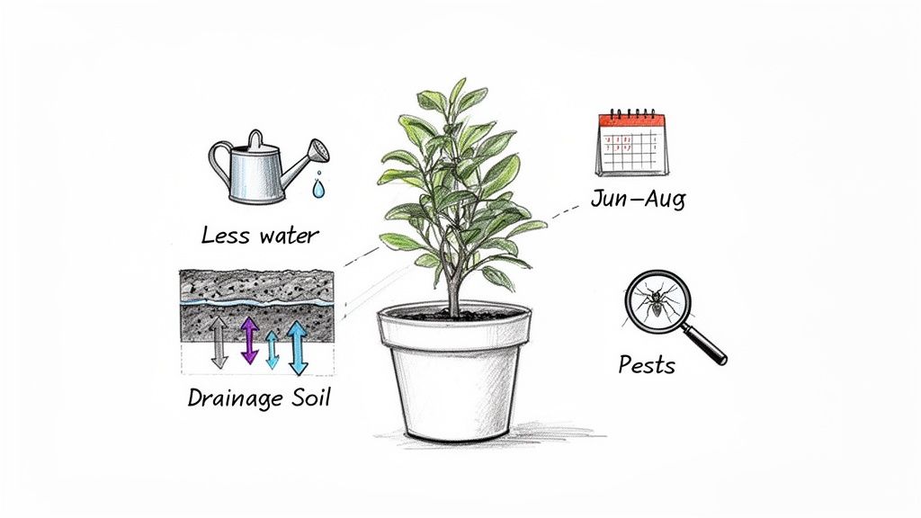 A visual guide for potted plant care, including less water, drainage soil, pest checks, and seasonal tips.