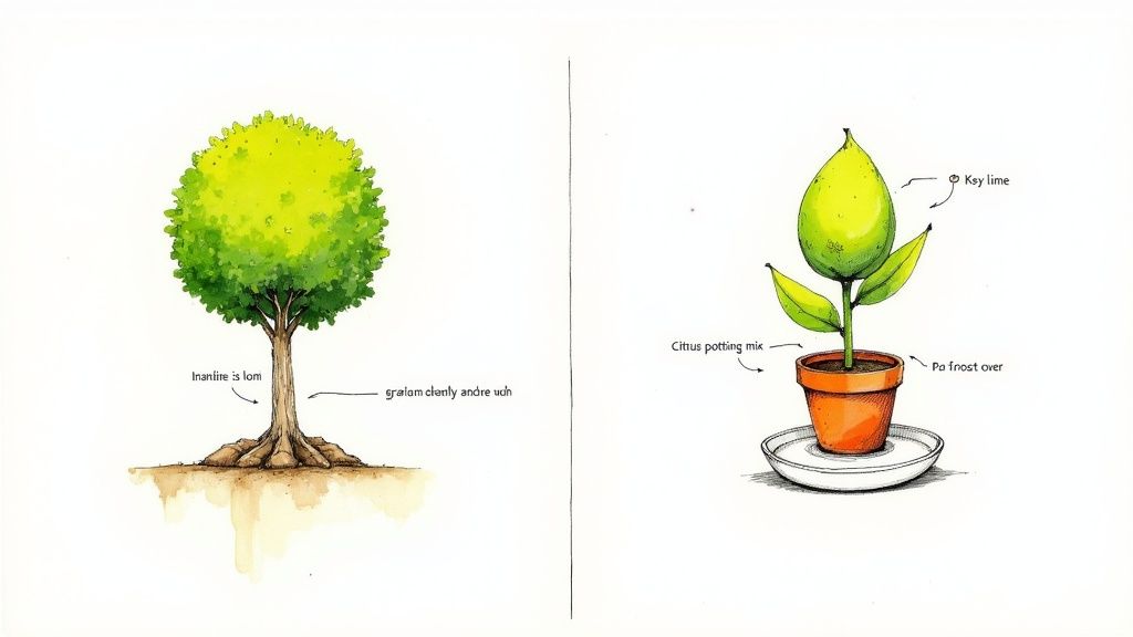 Watercolor illustrations of a green tree with roots and a potted key lime plant with labels.