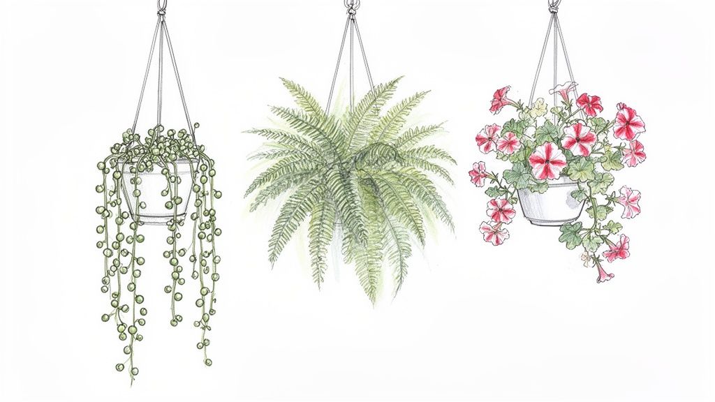 Three beautiful watercolor illustrations of hanging plants: a string of pearls, a fern, and pink striped flowers.