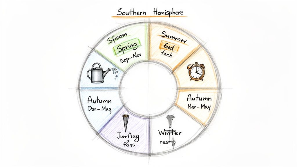 Circular diagram illustrating plant care activities and seasons in the Southern Hemisphere, from Spring to Winter.