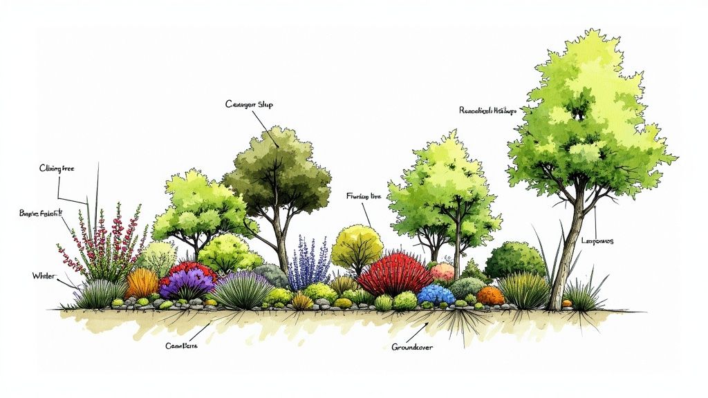 Lush garden bed with a variety of colourful flowers and green foliage.