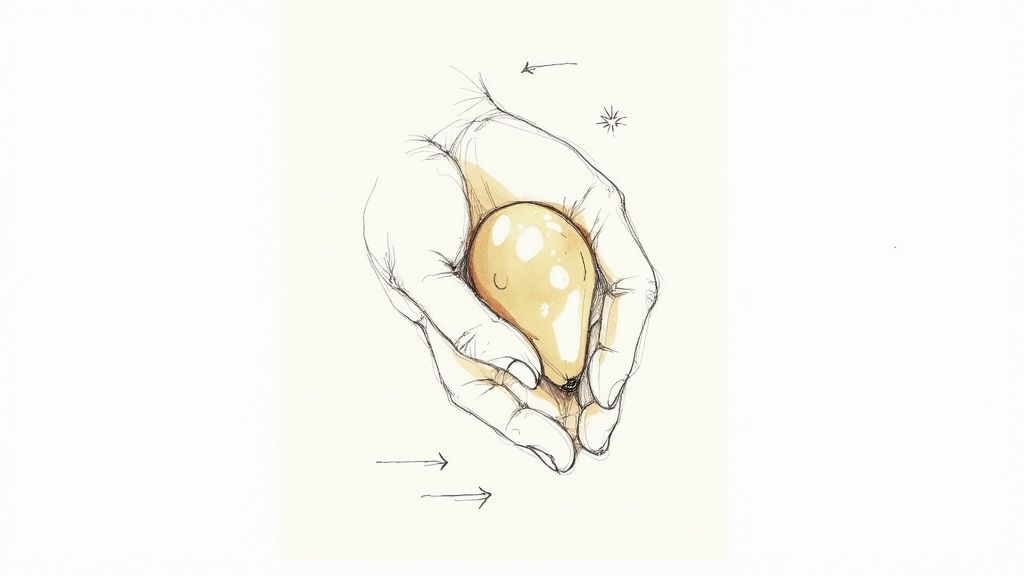 A sketch of two hands cupping a light brown pear-shaped object with white spots.