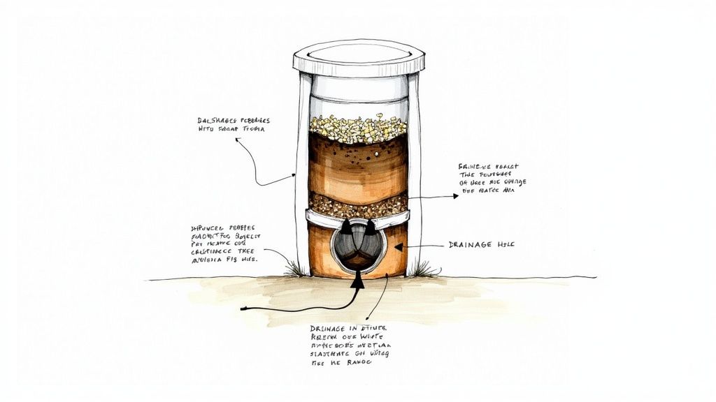 A close-up of hands filling an outdoor planter pot with fresh potting mix.