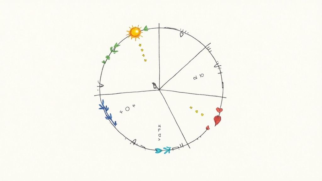 A hand-drawn colorful circular diagram illustrating seasons or periods, with a bird in the center.
